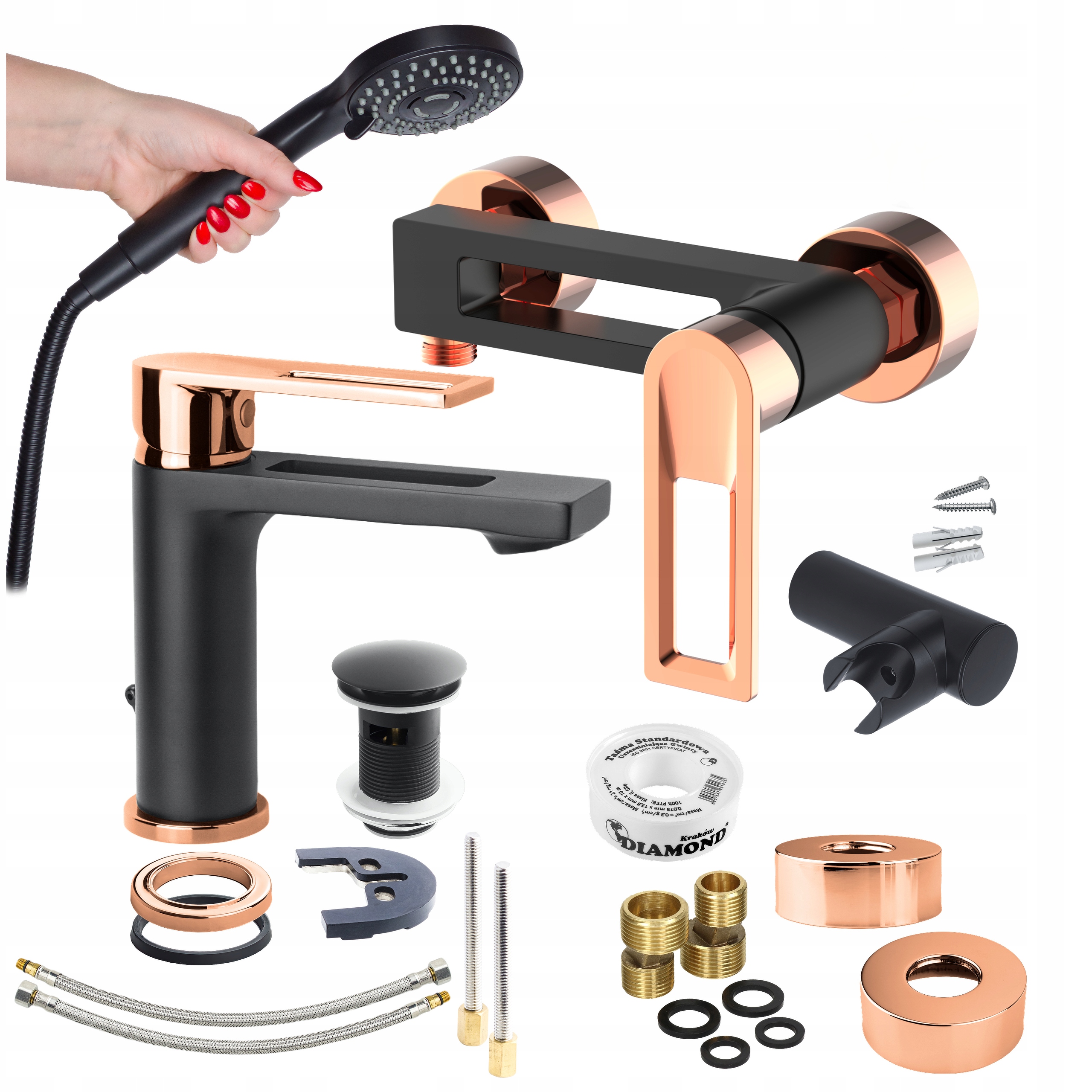 Sprchová baterie s umyvadlovou sadou do koupelny černá s zátkou Sotbe