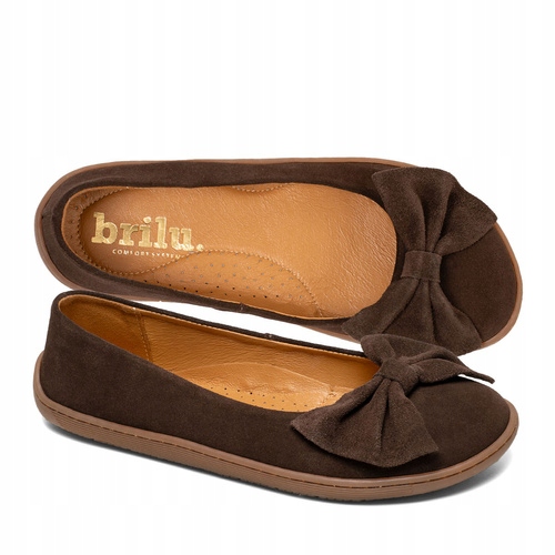Brilu Polskie Damskie Skórzane Baleriny Barefoot Kokarda Amber Czekolada 39
