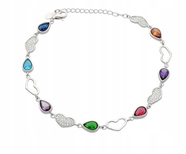 Bransletka s barevnými zirkony a srdíčky, Stříbro 925