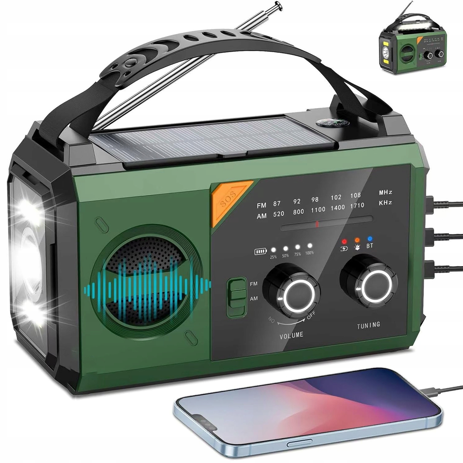 Emergency Radio Solarne 20000mAh Power Bank 3 Ładowania Sos Latarka Kompas