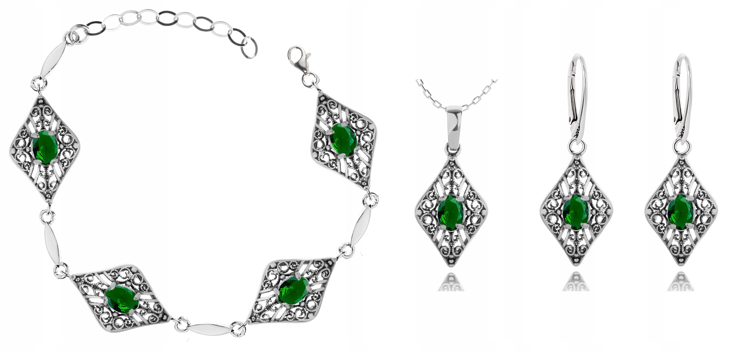 

Komplet Ażurowej Biżuterii Z Zielonymi Cyrkoniami