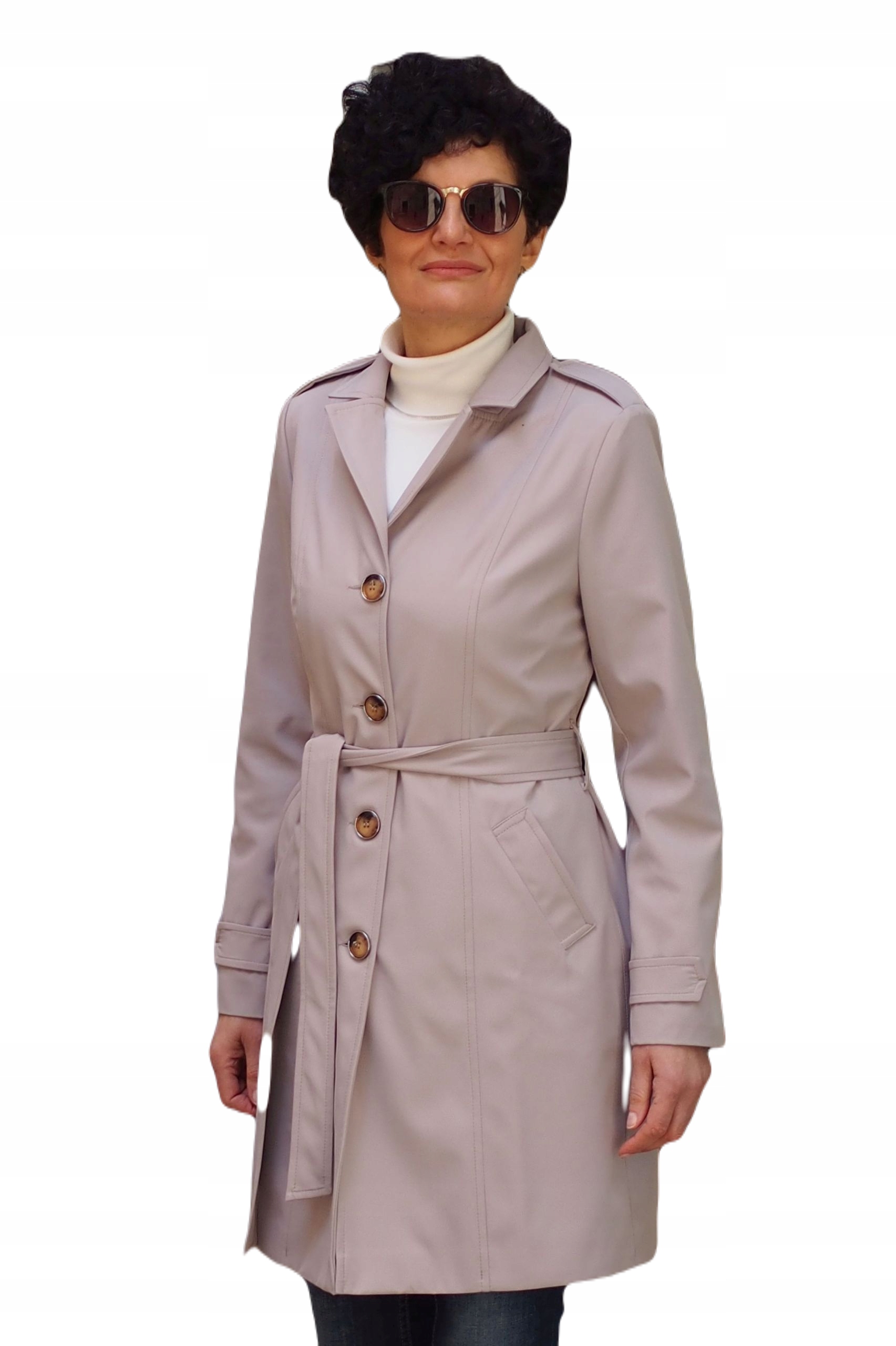 Klasyczny Wiosenny Płaszcz z Paskiem Stylowy Trencz Prochowiec Beżowy 46