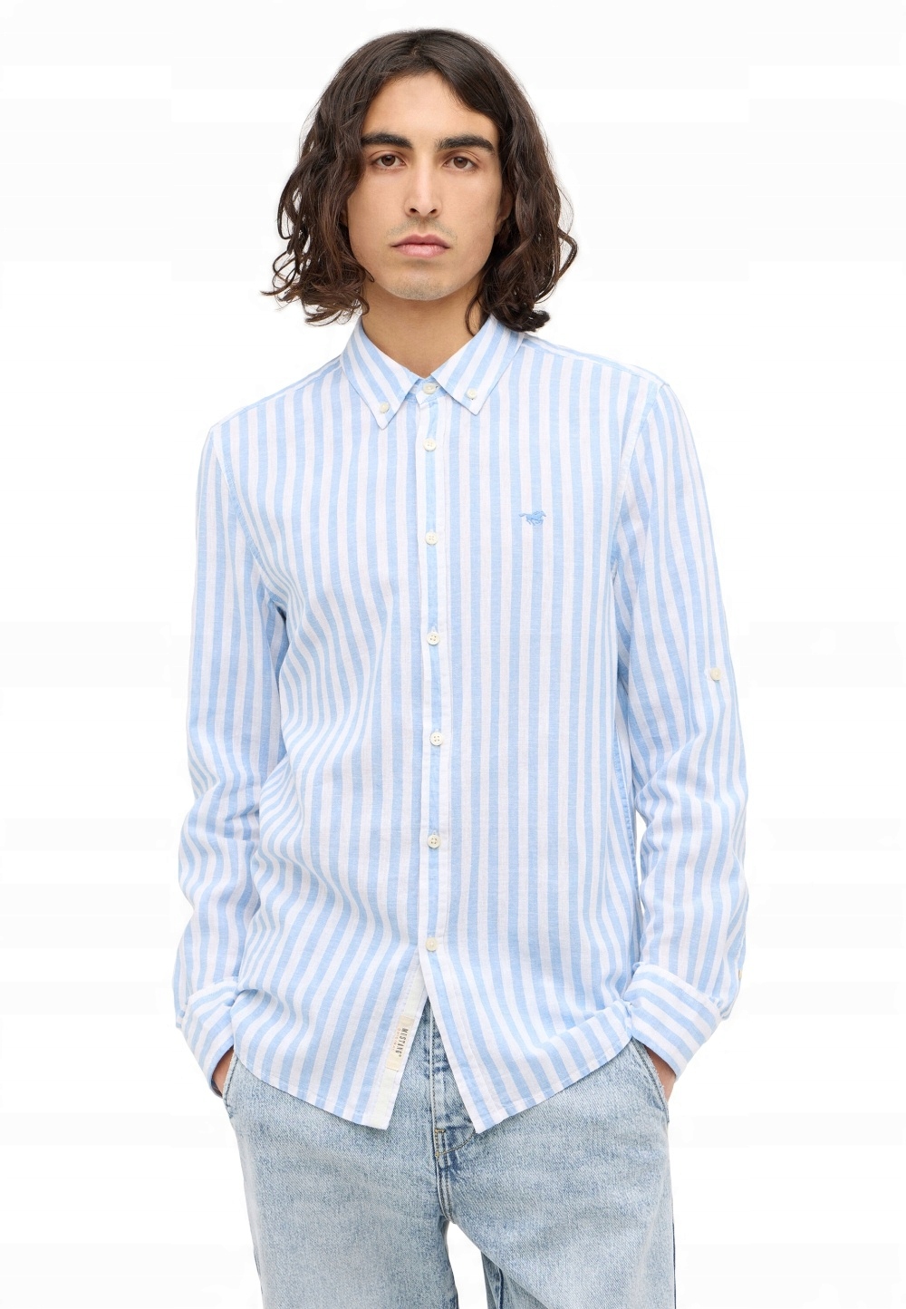 Pánská Pruhovaná Košile S Dlouhým Rukávem, Lněný Slim Fit Límec Mustang