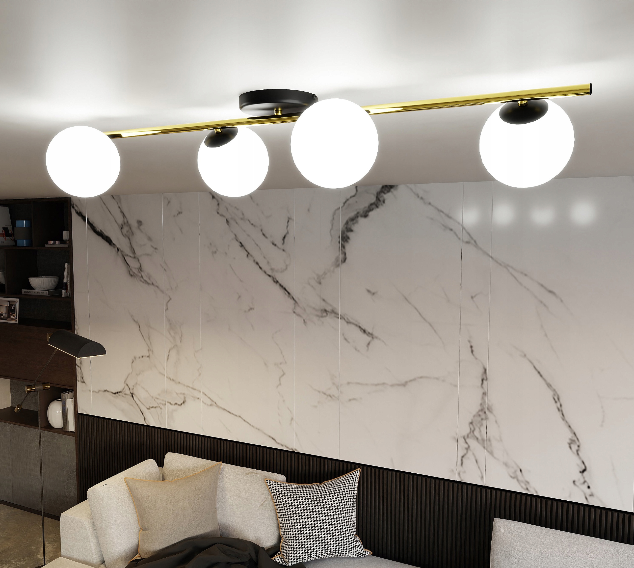 Lustr Splendi, bílé koule se zlatou příčkou, jedinečná lampa do obývacího pokoje