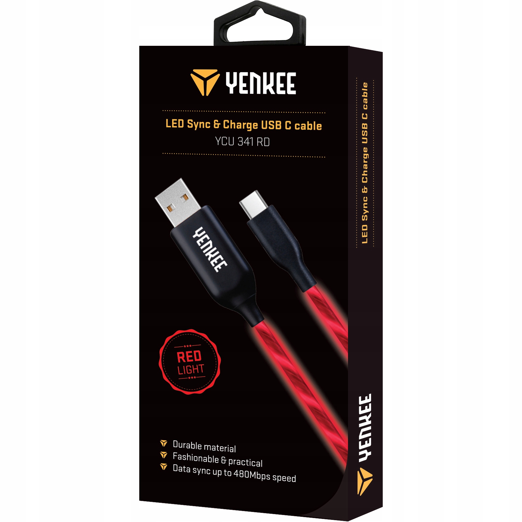 Kabel 1m USB 2.0 USB-C typ C Yenkee ŚWIECĄCY LED do auta 100cm Kod producenta YCU 341 RD