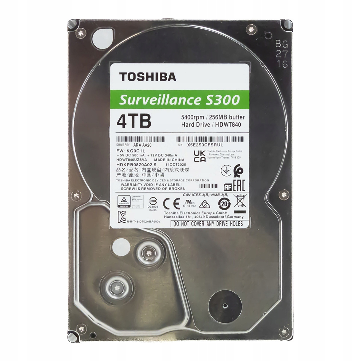 Toshiba Surveillance S300 HDWT840 4TB 5.4K 256MB Sata III 3.5' HDWT840UZSVA