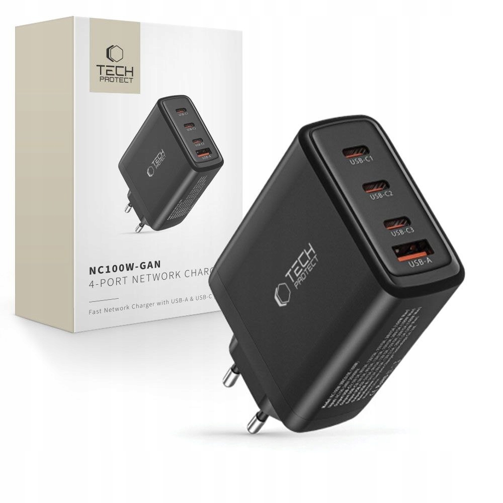 Síťová nabíječka GaN 3x Usb-c Pd Usb-a Qc 100W černá Tech-Protect