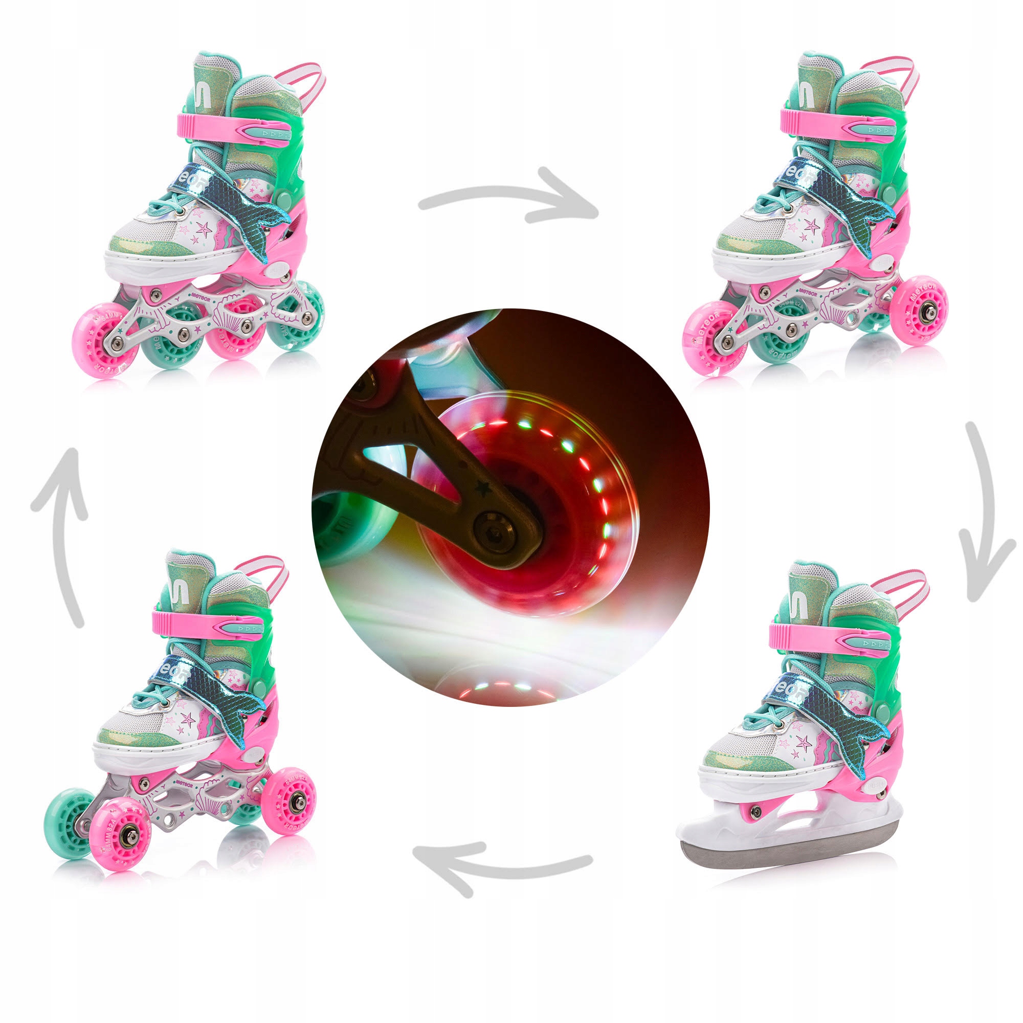 Kolečkové Brusle 4v1 Meteor Mermaid M 34-37 kombinované brusle: kolečkové, na led, inline Led 82A