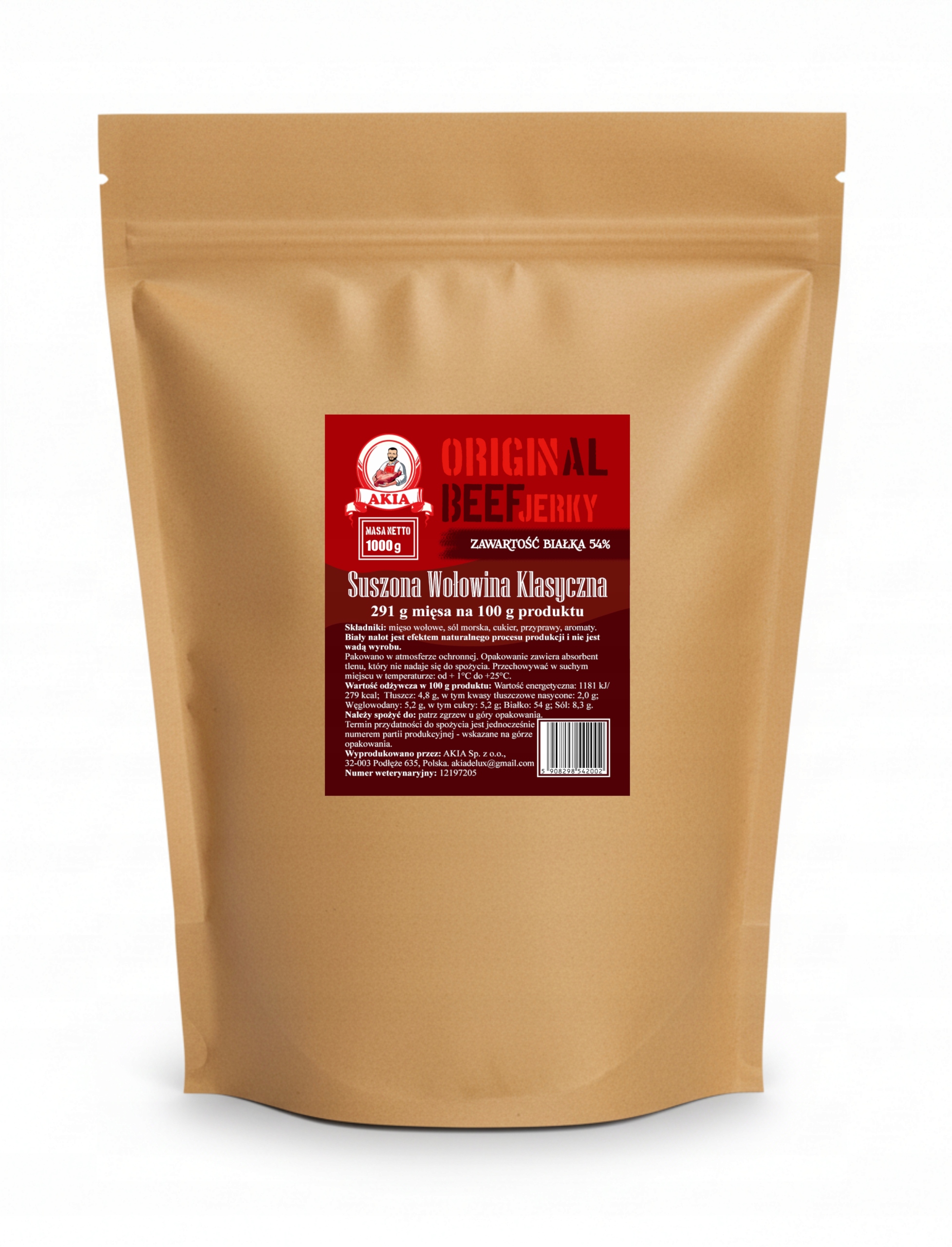 Akia Beef Jerky, sušené maso, sušené klasické hovězí maso 1000 g