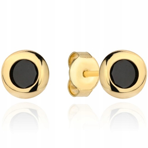 Złote Kolczyki 585 Koło Czarny Kamień Sztyft Grawer M.jopek