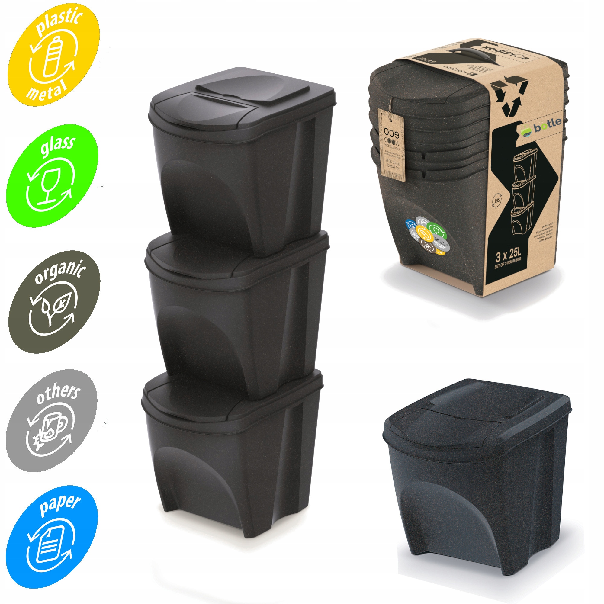 Levně Koš Na Tříděný Odpad Set 3x25 L Na Odpad Antracitový Eco