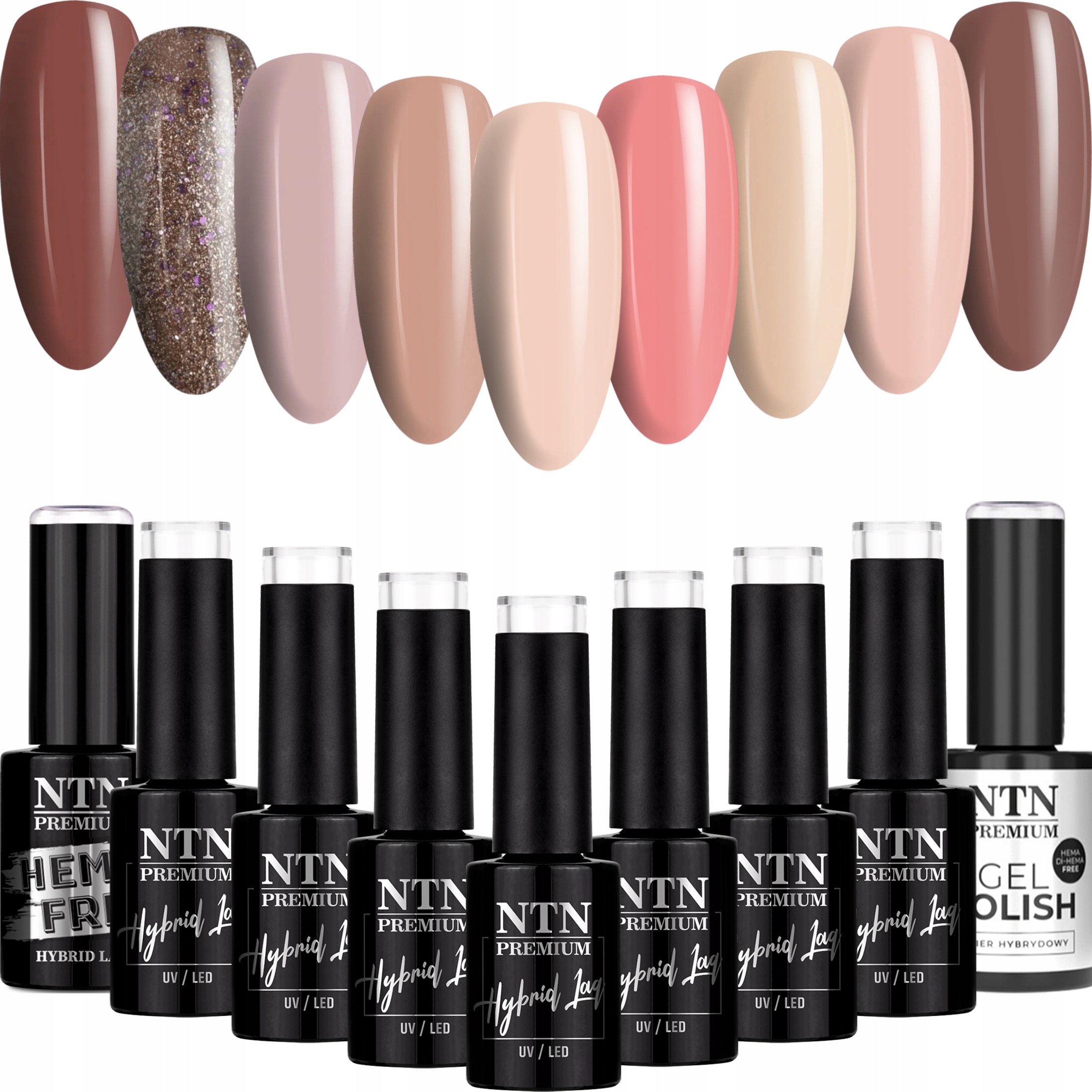 9x Lakier Hybrydowy Ntn 5g Brązowy Czekoladowy Beżowy Zestaw Spring Taupe