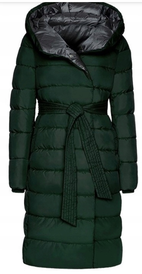 Dlouhá Kabátová Zimní Bunda Zelená Parka Kapuce Pásek Velikost 2XL