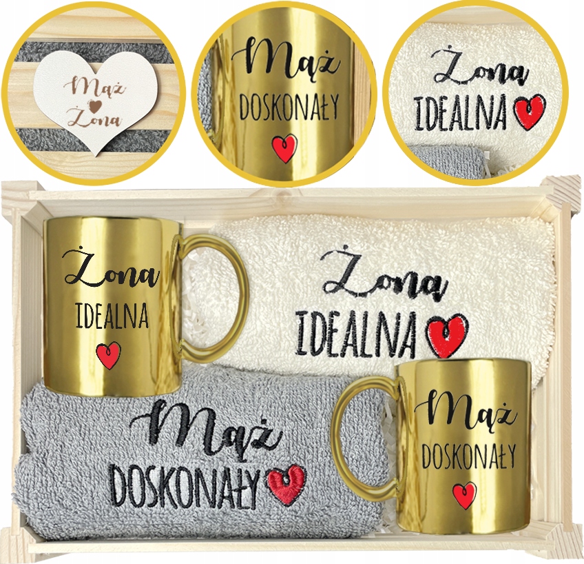 Na Ślub Zestaw Ślubny Ręczników Dla Pary Złote Kubki Skrzynka Kubek