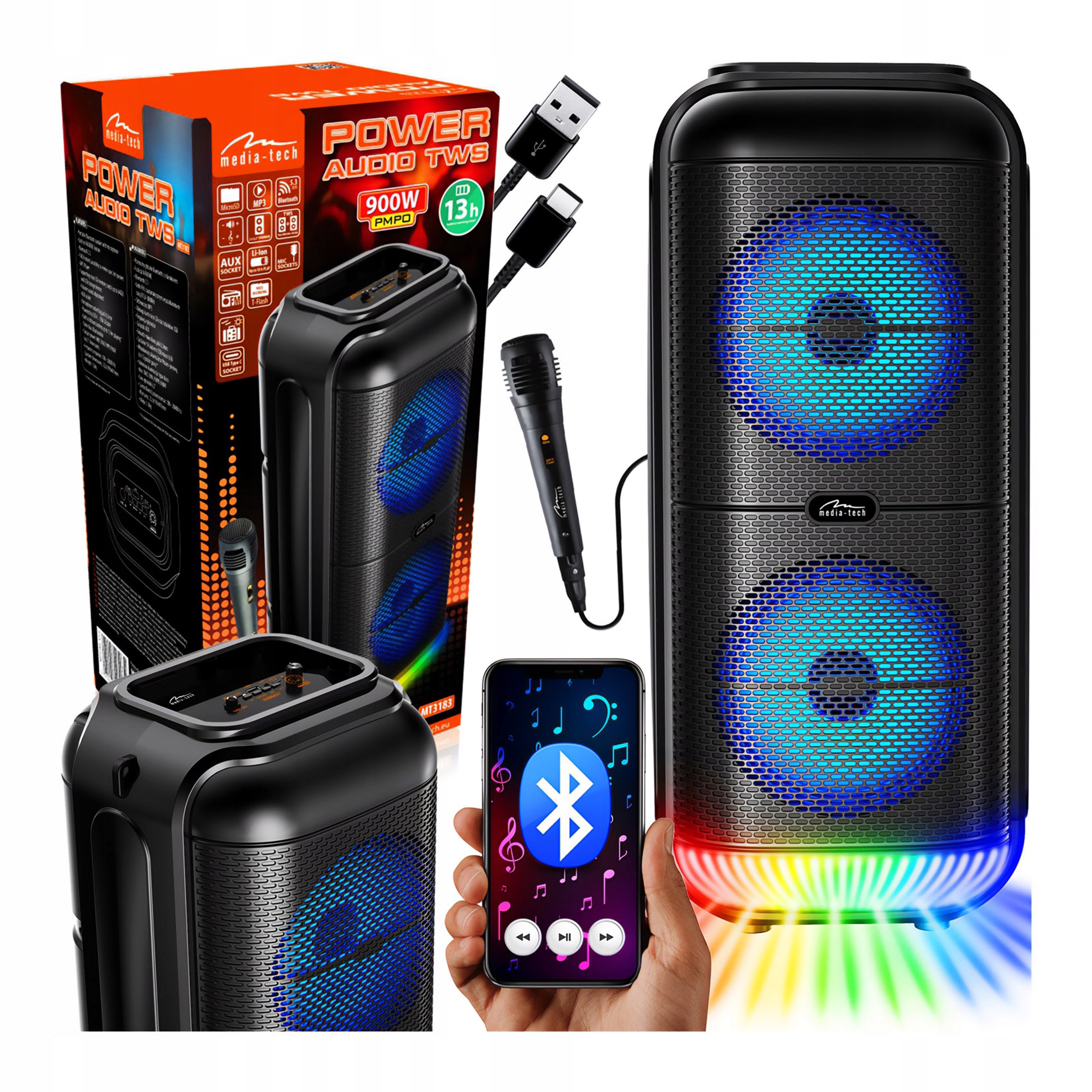 Bluetooth reproduktor MT3183 50W s Karaoke, Fm, Usb, microSD, iluminace