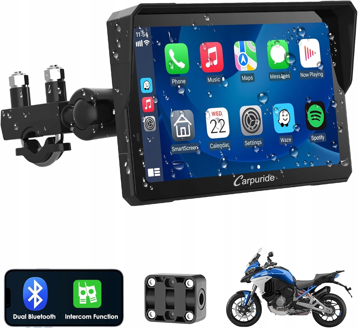 Carpuride W702 Pro motocyklová obrazovka 7'' funkce interkomu CarPlay/Android