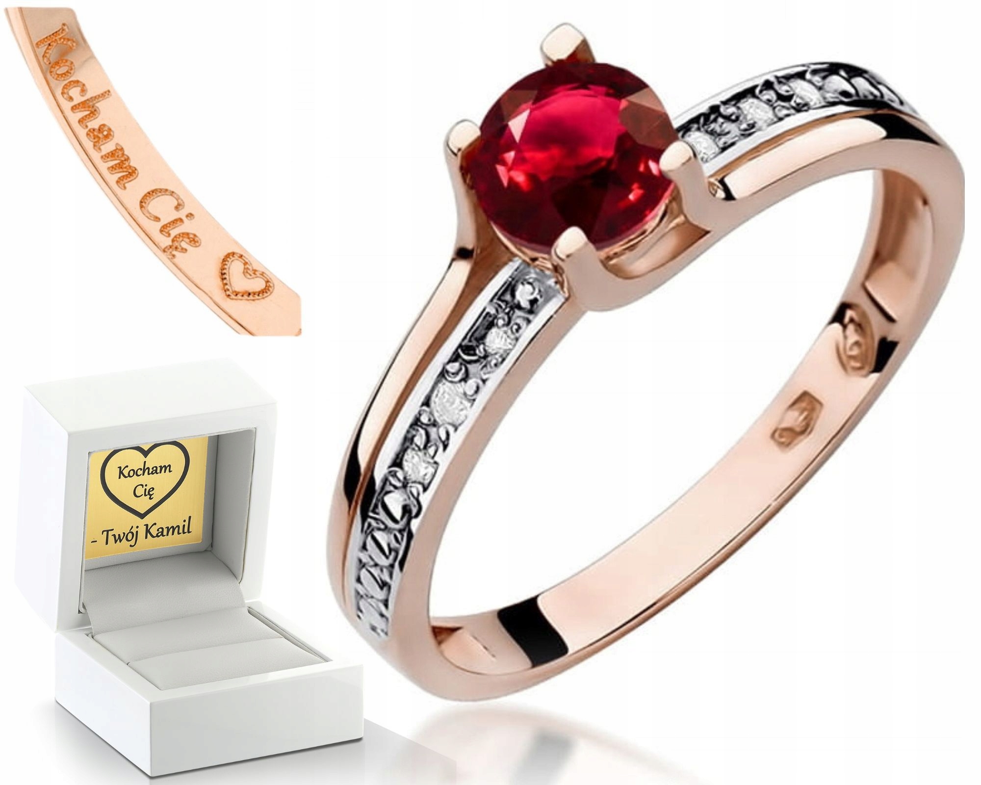 Zlatý Prstýnek Prsten S Rubín A Diamanty, Růžové Zlato 585, Gravírování
