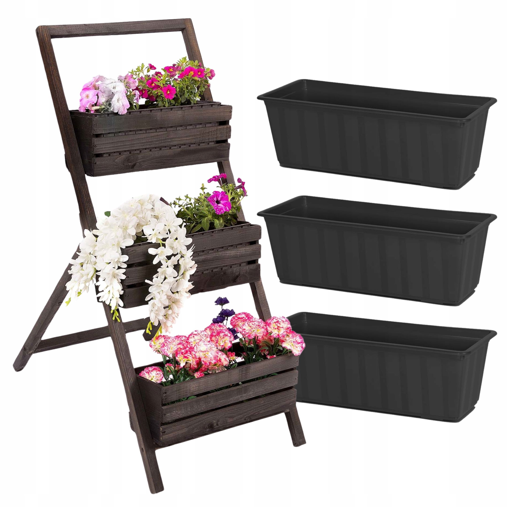 Stojan Na Kvety Drevený Kaskádový Čierny Viacúrovňový Stojan Na Kvety