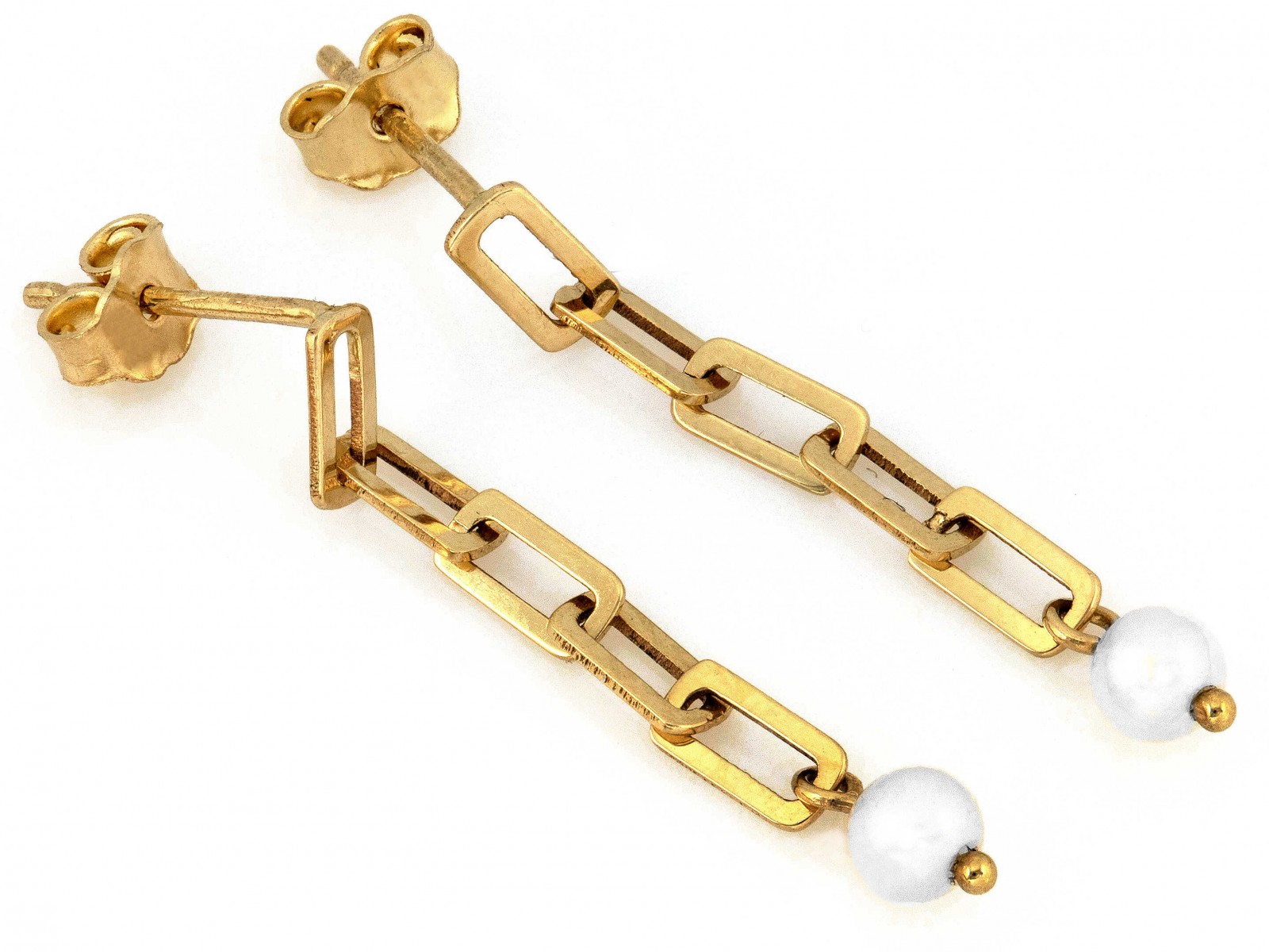 Zlaté náušnice 585 závěsné články na tyči s bílou perlou 1.32g 14kt