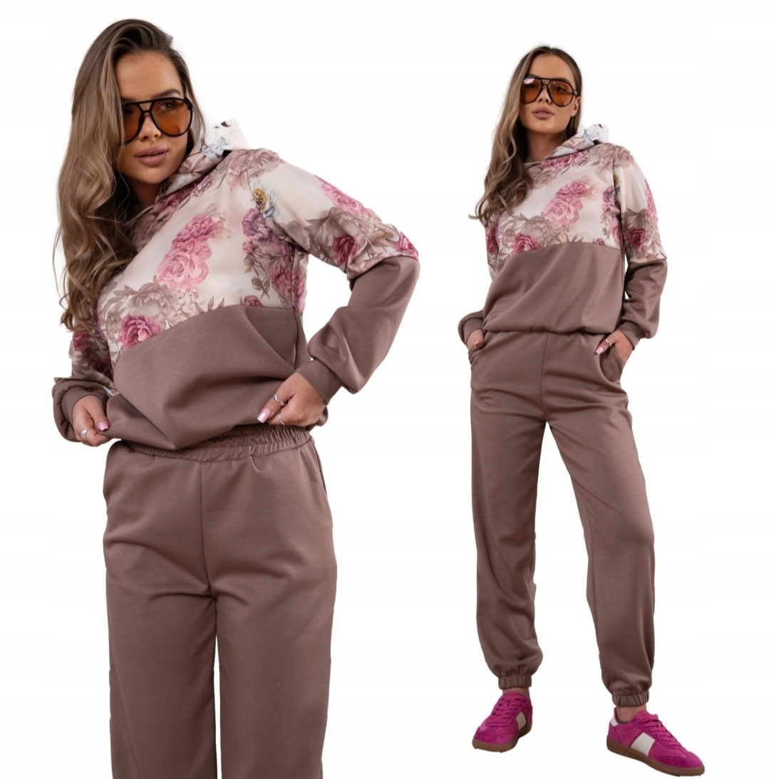 Komplet Dresowy Damski Masełko Bluza Z Kapturem W Kwiaty Dres Mocca S/m