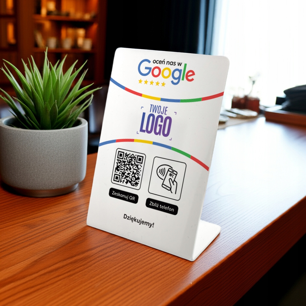 Stojak NFC QR stand prezenter gięty tabliczka do opinii Google z LOGO FIRMY
