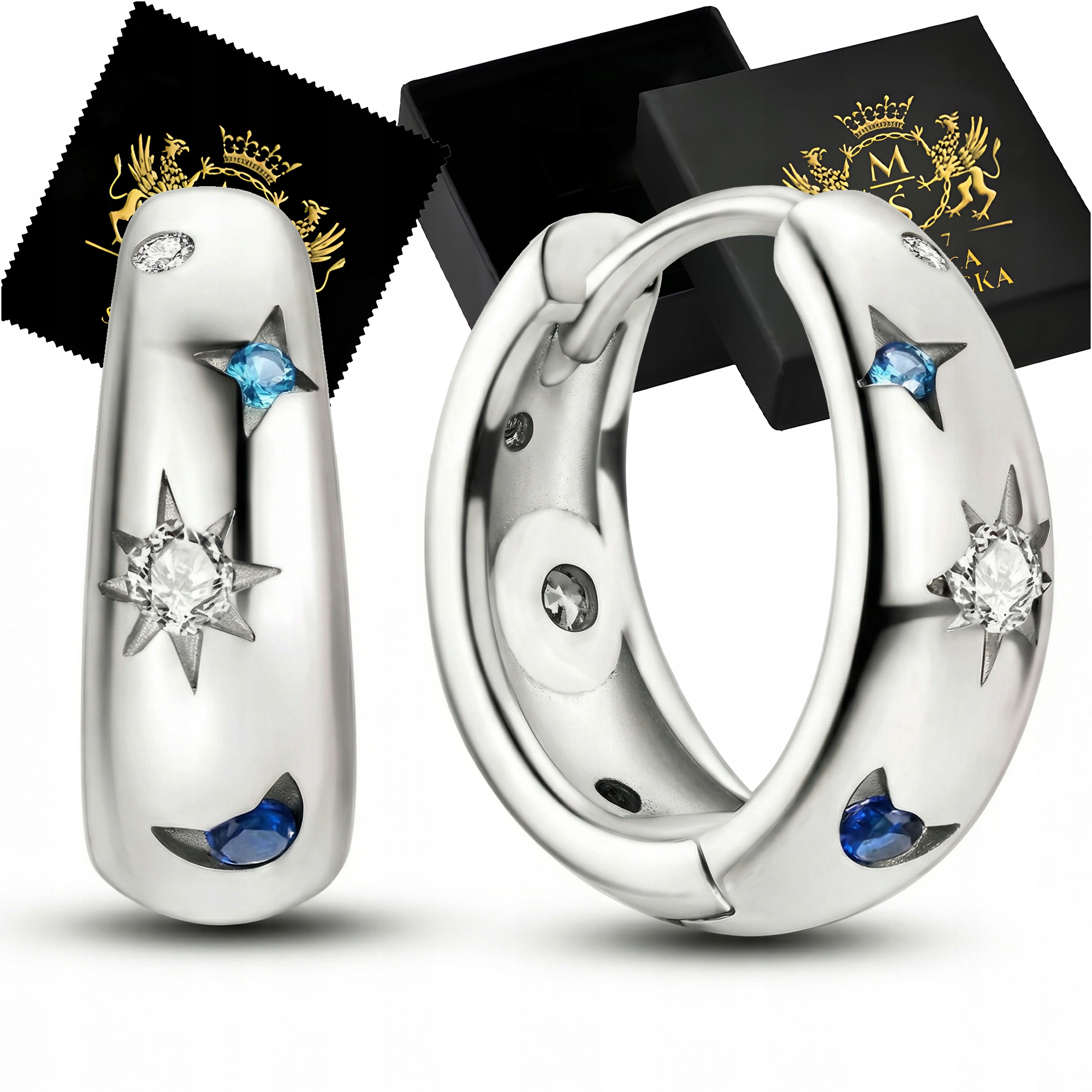 Stříbrné Náušnice 925 Hvězdy Měsíc Noc Káhiry Zirkony Anglická kolečka