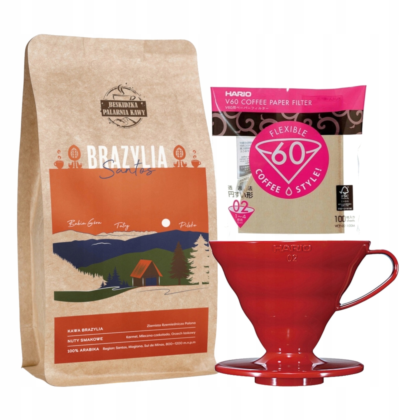 Levně Káva Brazílie Santos 250 g Drip Červený V60-02 Filtry Hnědé 100 ks