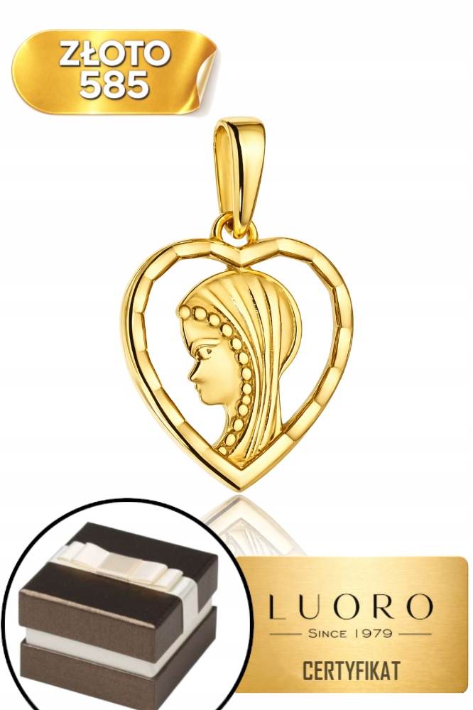 Zlatý Medailon 585 14K Matka Boží Diamantové Srdce 1,9 CM Elegantní