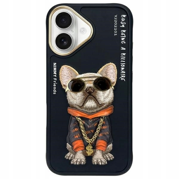 Etui do iPhone 16 Nimmy Case 3D Haft Piesek Prawdziwa Nić Łańcuszek Okulary