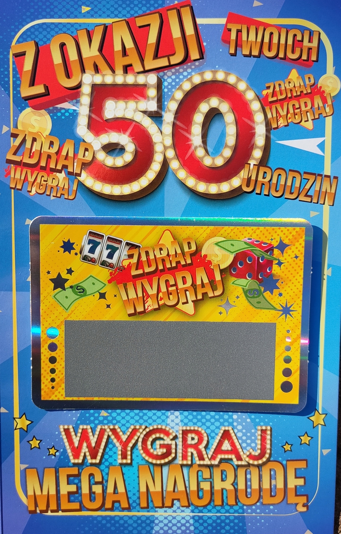 

Kartka ze zdrapką na 50 urodziny niebieska