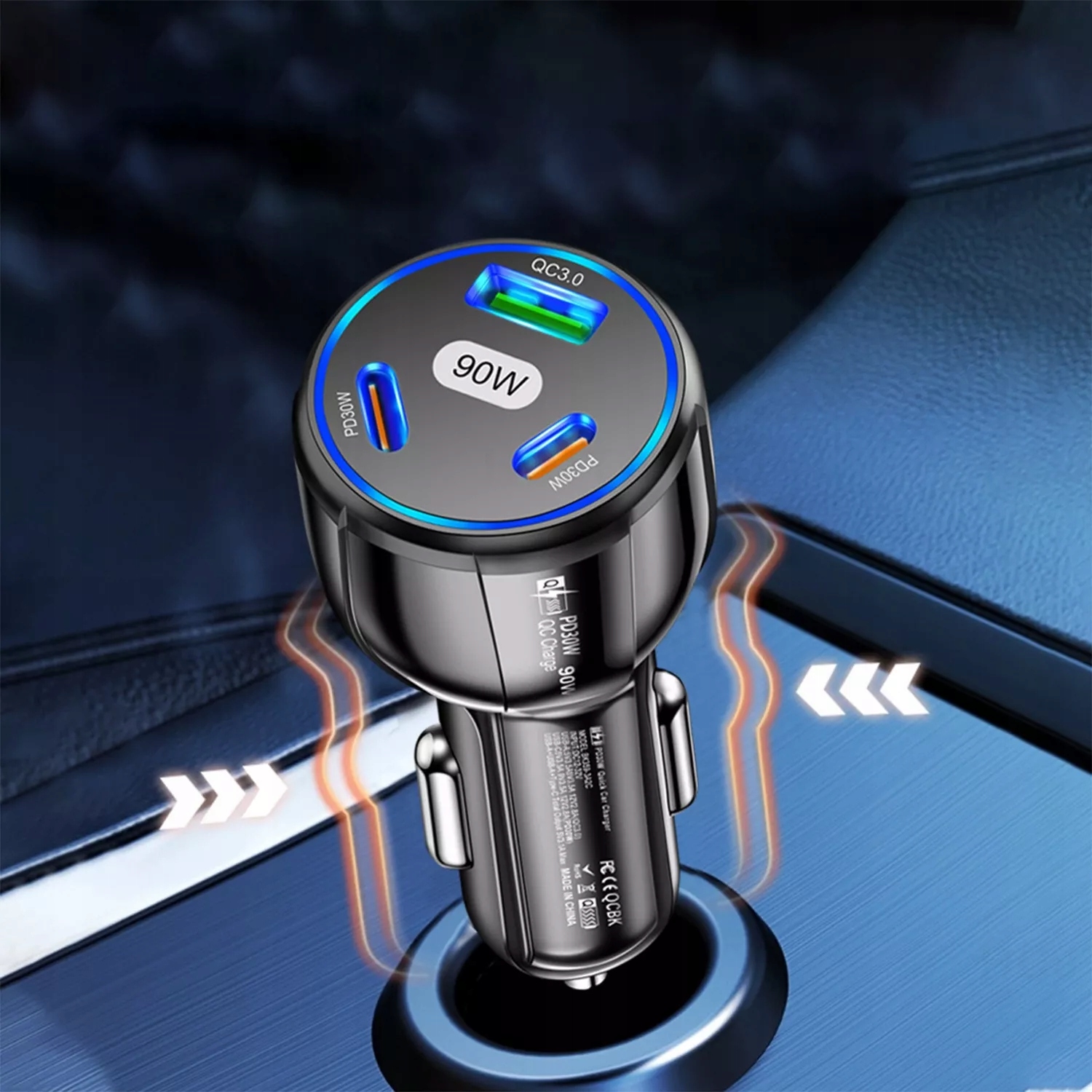 ŁADOWARKA SAMOCHODOWA 2x USB C PD 30W USB QC 3.0 LED SZYBKA DO TELEFONU 90W Napięcie wyjściowe 12 V