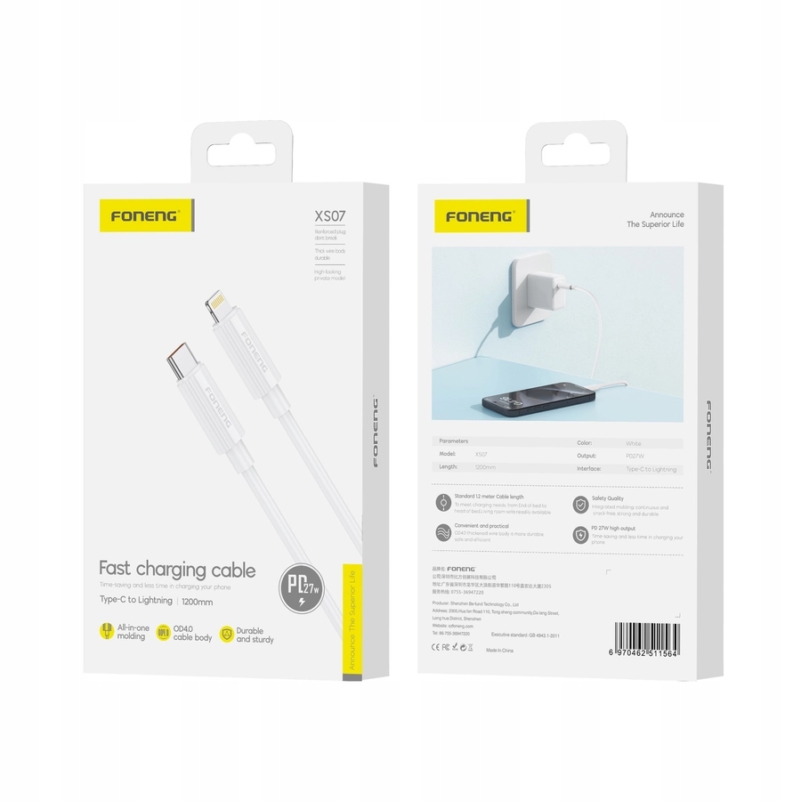 Foneng Przewód Usb-c Lightning Do Iphone Ipad Pd 27W 1 2M Szybki W Zestawie