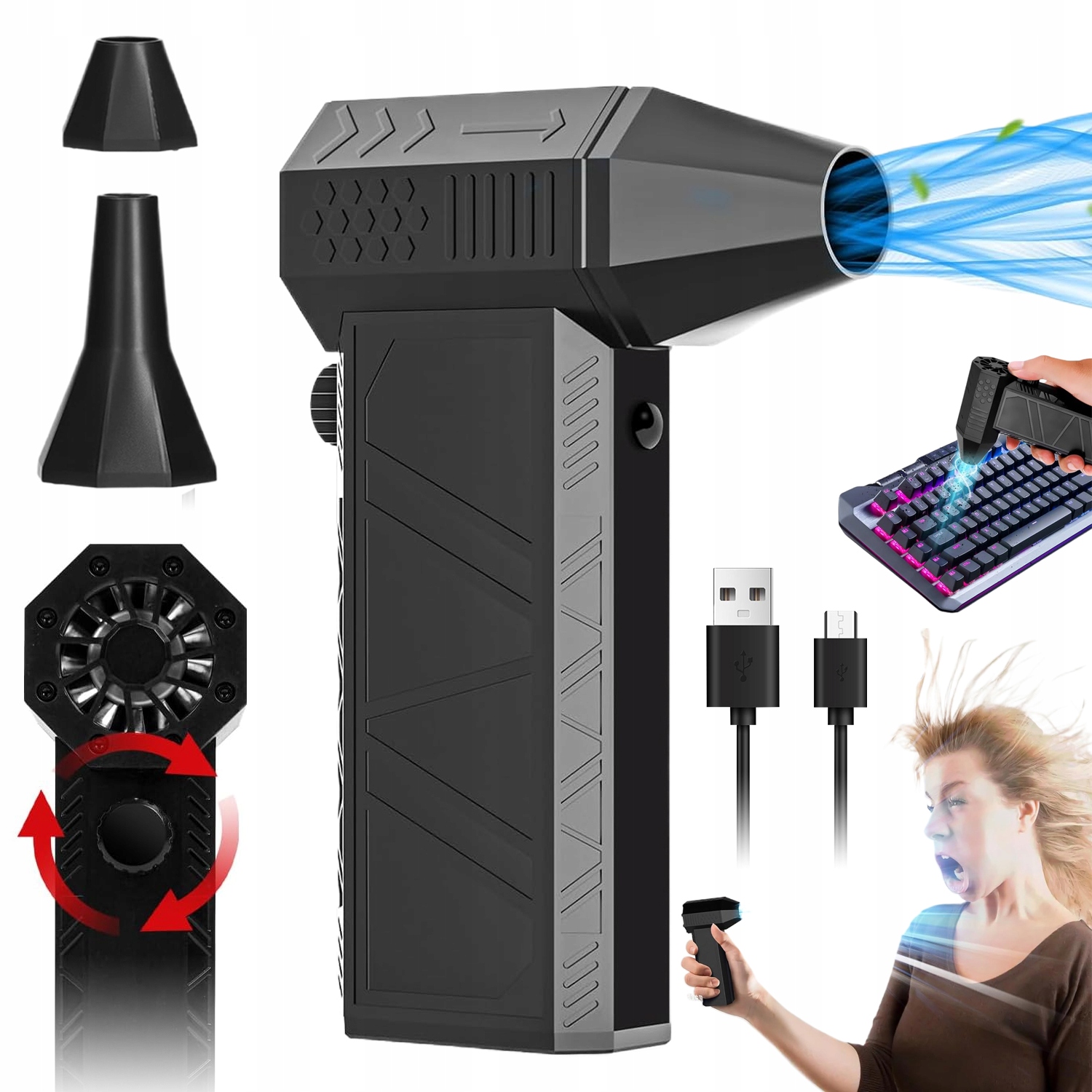 Elektryczna Dmuchawa Mini Turbo Jet Fan Mocna 130000RPM 3 Biegi 2 Akcesoria