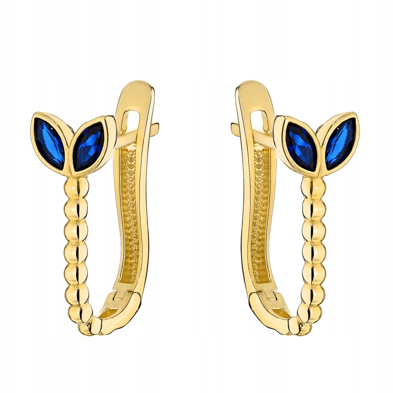 Zlaté Náušnice Dámské anglické pr. 585 Kuličky a modré lístky