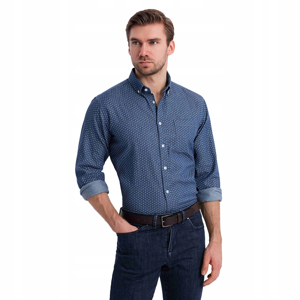 Vzorovaná pánská košile z tenké džínoviny modrá OM-SHDS-0179 V2 vel. XL