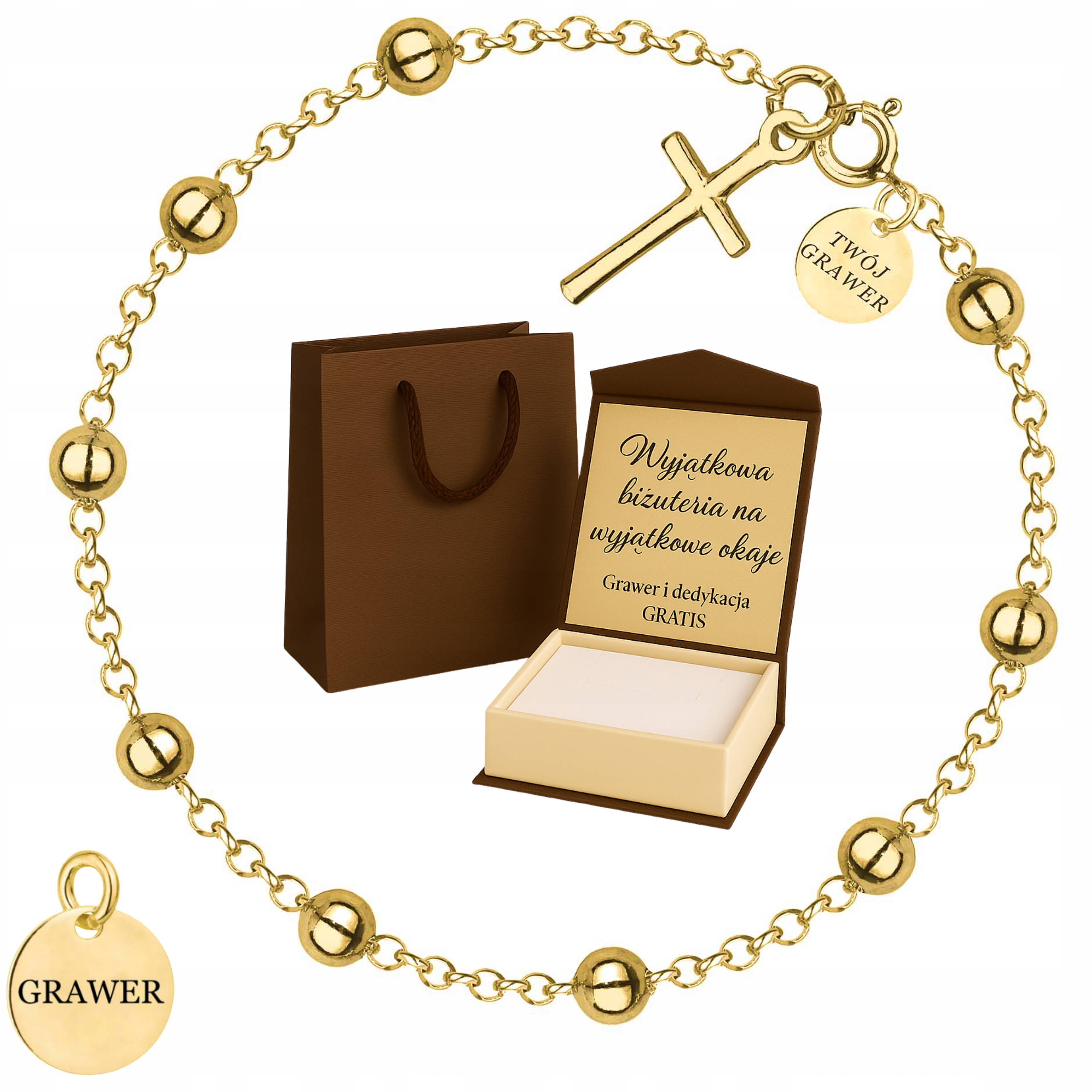 Zlatý dámský náramek s křížkem a ozdobnými kuličkami Au585/Ag925 Gravírování Dárek