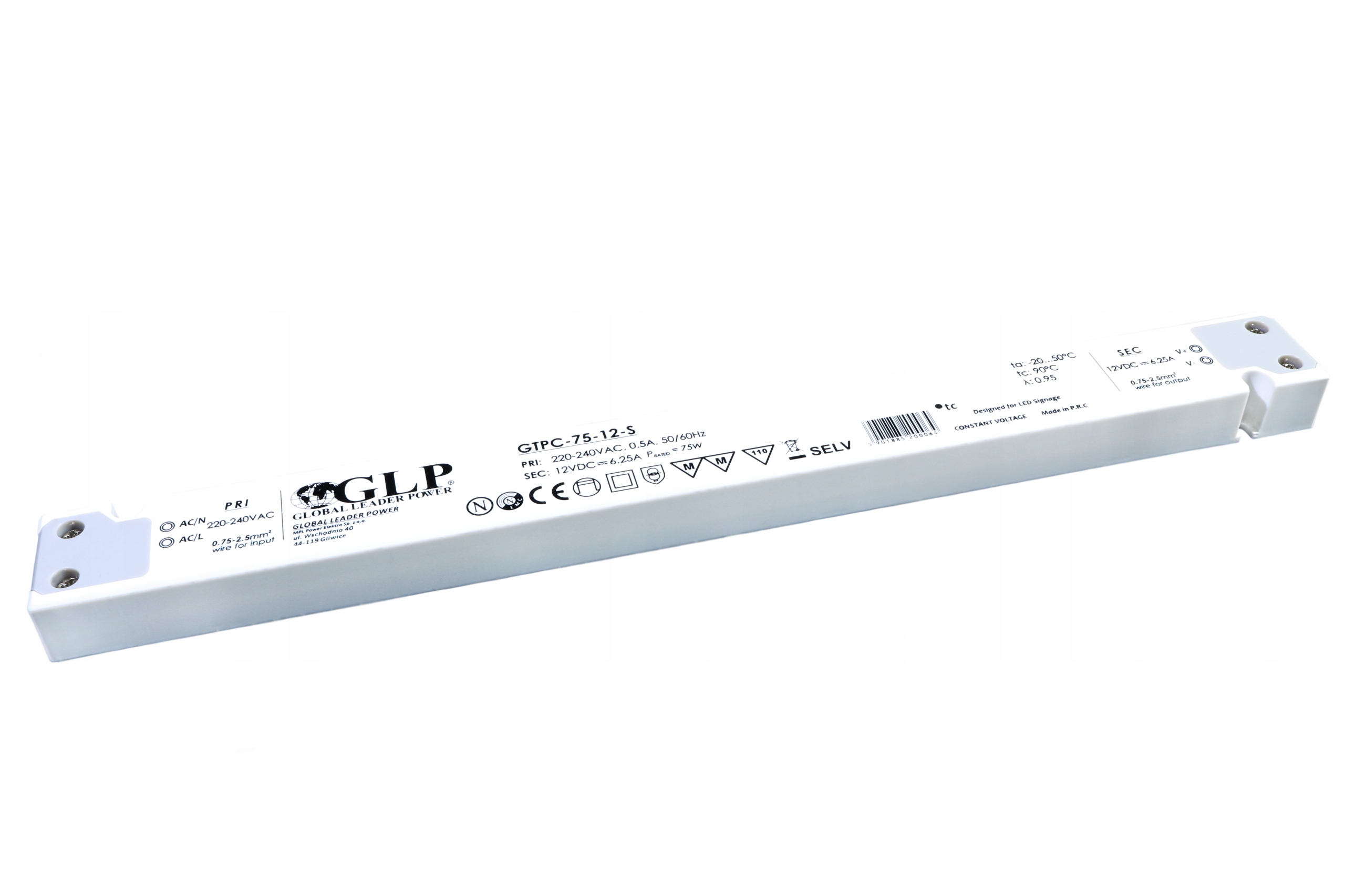 GTPC-75-24-S: GLP PSU: 24V/3.125A, CV, plastic case, slim