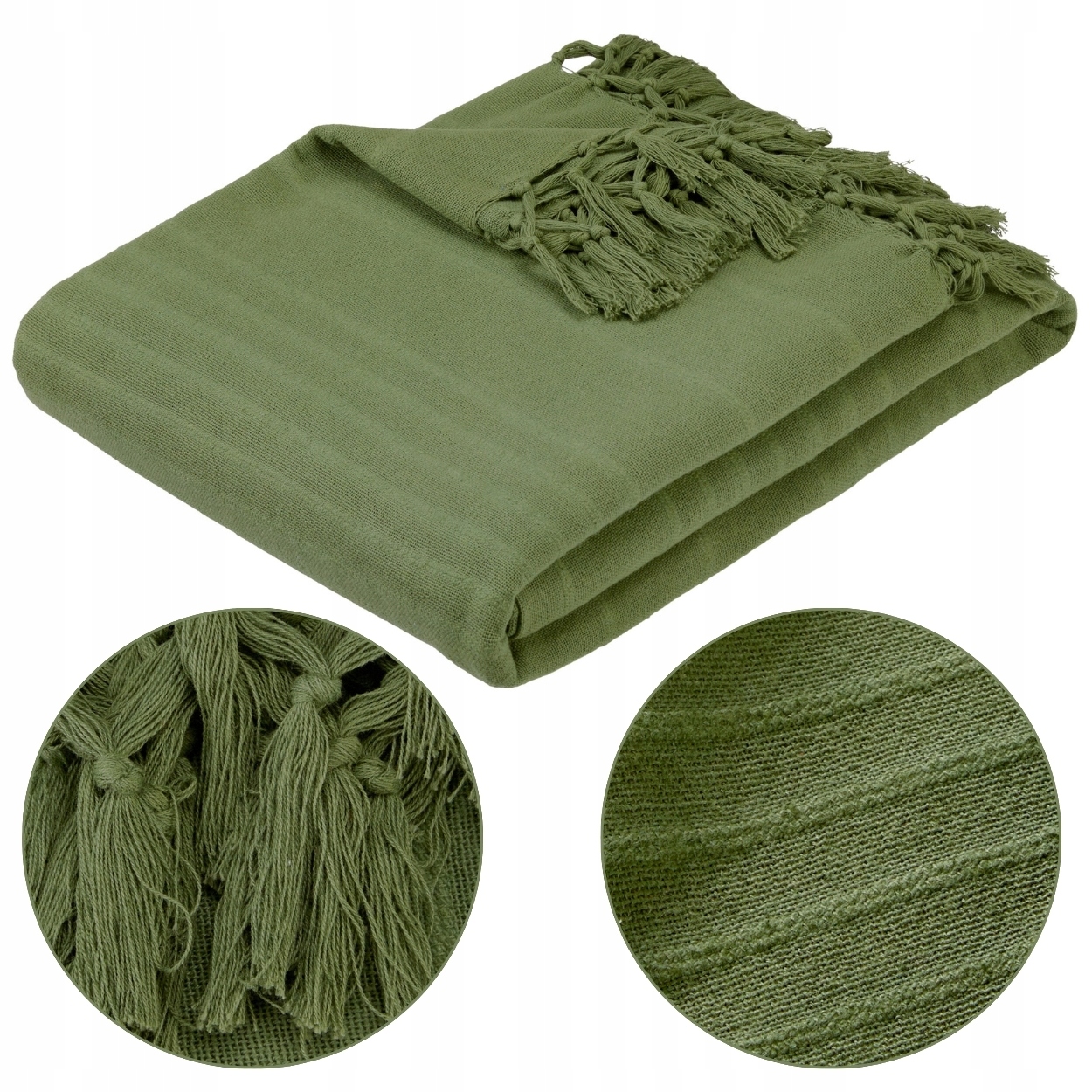 Duża Narzuta na łóżko 230 x 250 cm Khaki bawełniana koc miękki frędzle