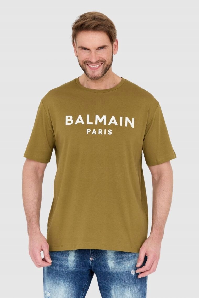 Balmain Zielony t-shirt męski z drukowanym białym logo S