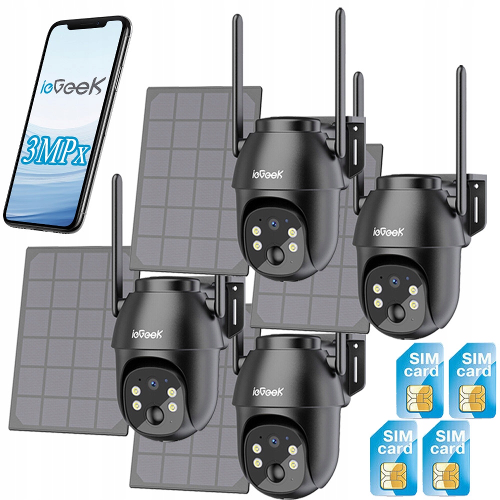 Venkovní solární otočná kamera Gsm 3G 4G Lte Sim karta 3MPx 4xZOOM 4ks