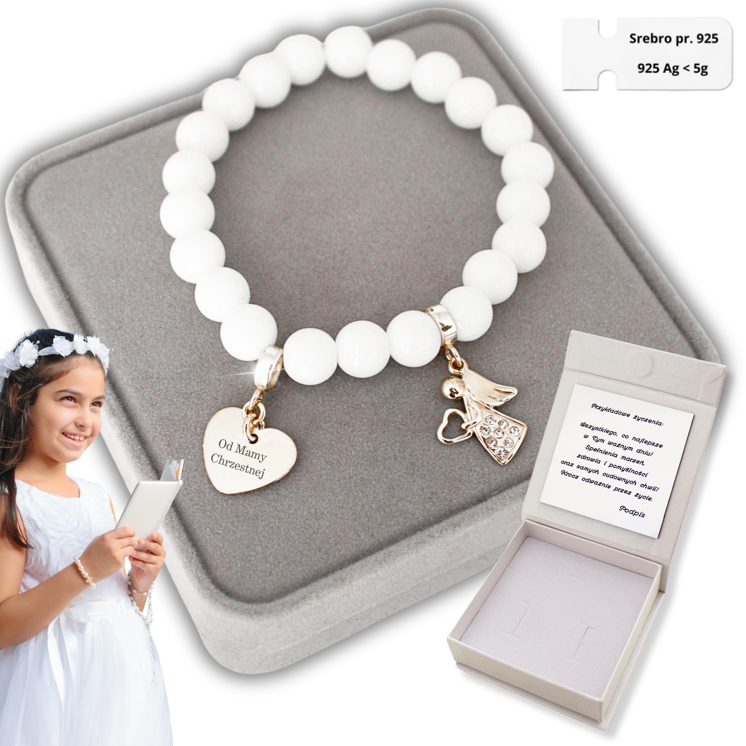 Stříbrný náramek s andělem Srdce pro dívku na svaté přijímání Gravírování 925