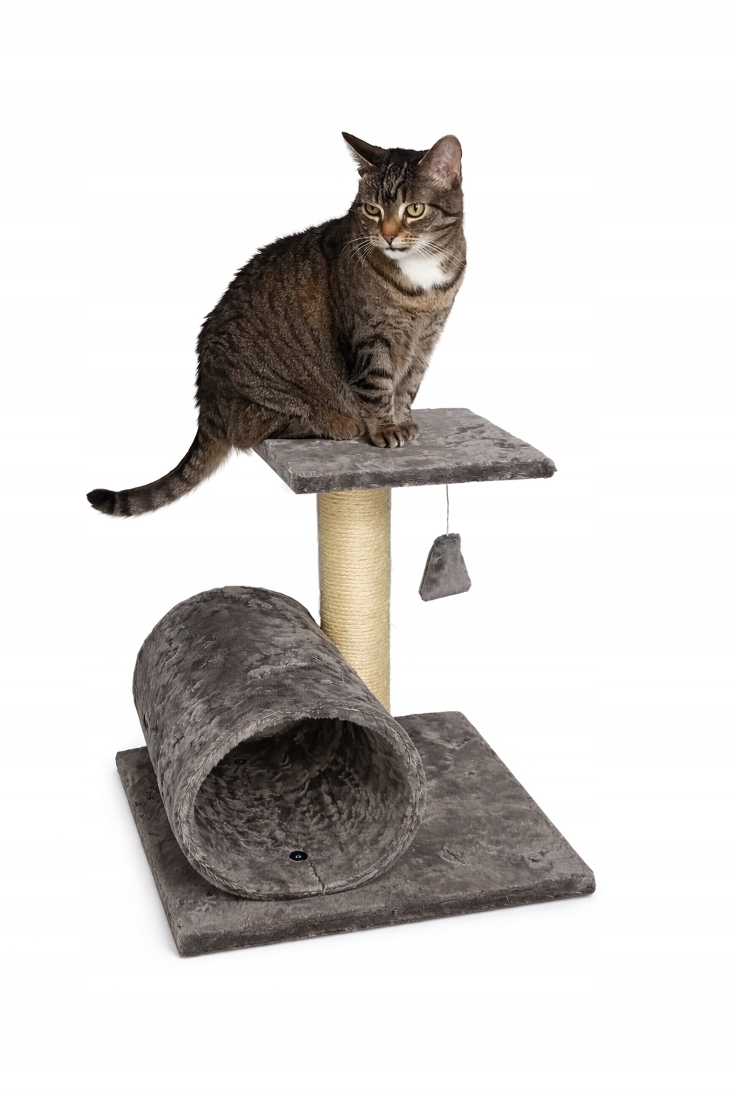 Drapak se sisalovým tunelem, poličkou a zvonečkem pro kočky