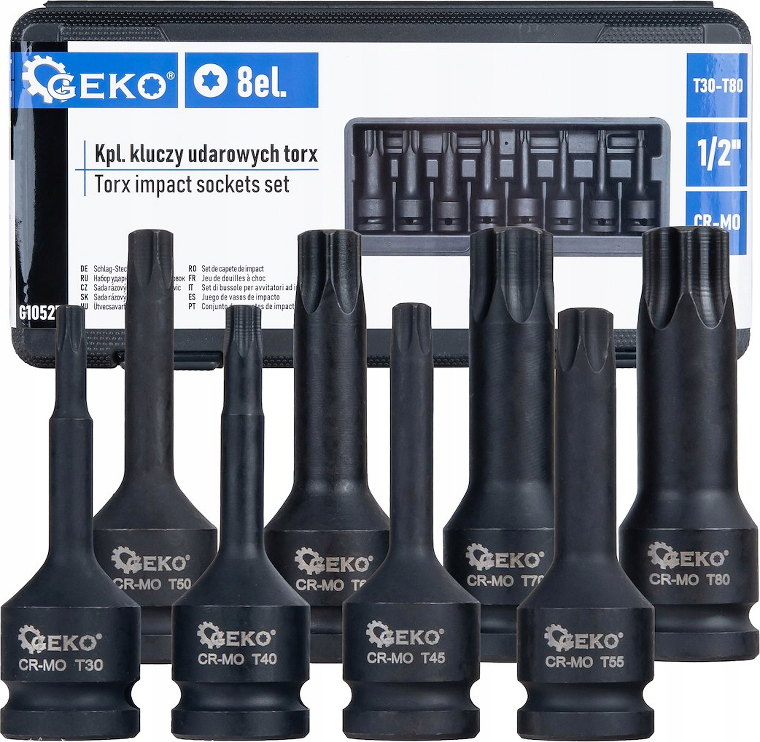 Geko Klucze udarowe Torx 8el. 1/2" T30-T80 Cr-mo zestaw nasadek