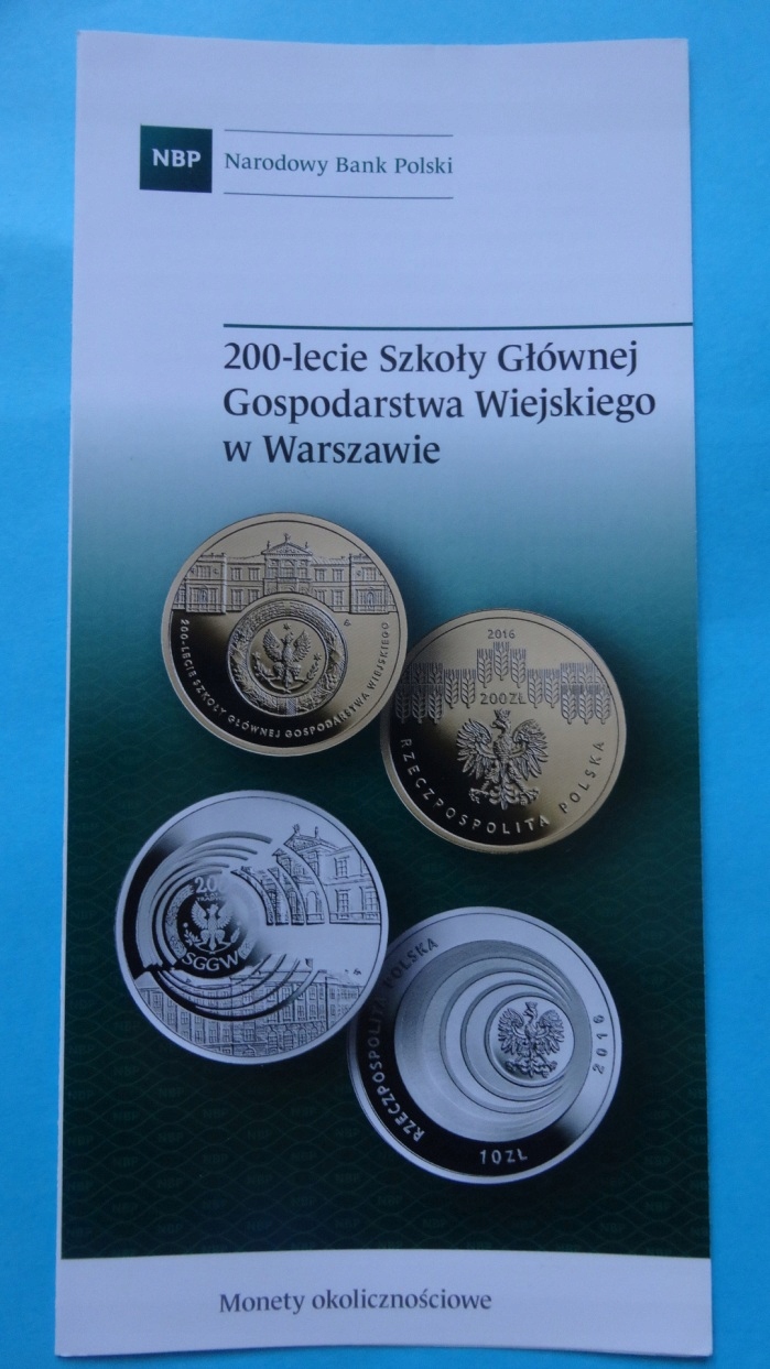 Папка 10 злотых 2016, SGGW ВАРШАВА, I сорт