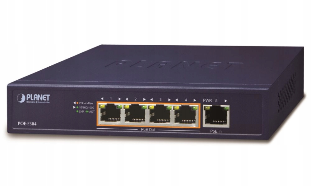 Planét PoE Lan extender, 1xPoE-in, 4xPoE-out 65W, 802.3bt at af, Giga
