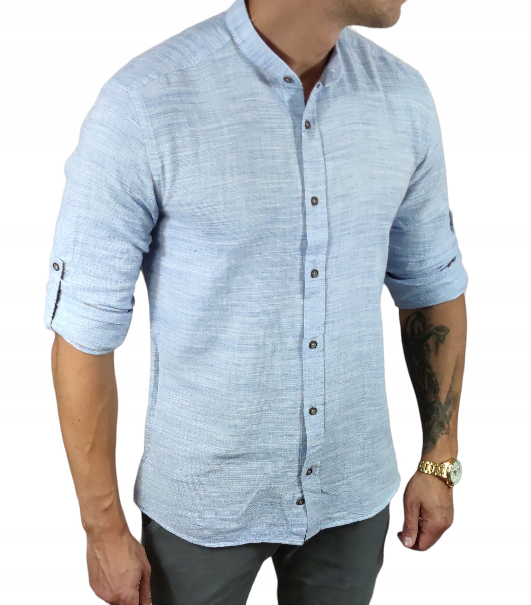 Lněná košile se stojáčkem slim fit modrá ESP010 XXL