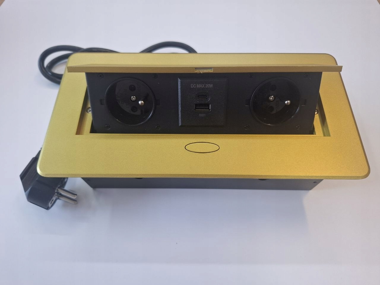 Prodlužovací kabel stolní zásuvka zapuštěný nábytkový port 2x230V+2USB zlatý