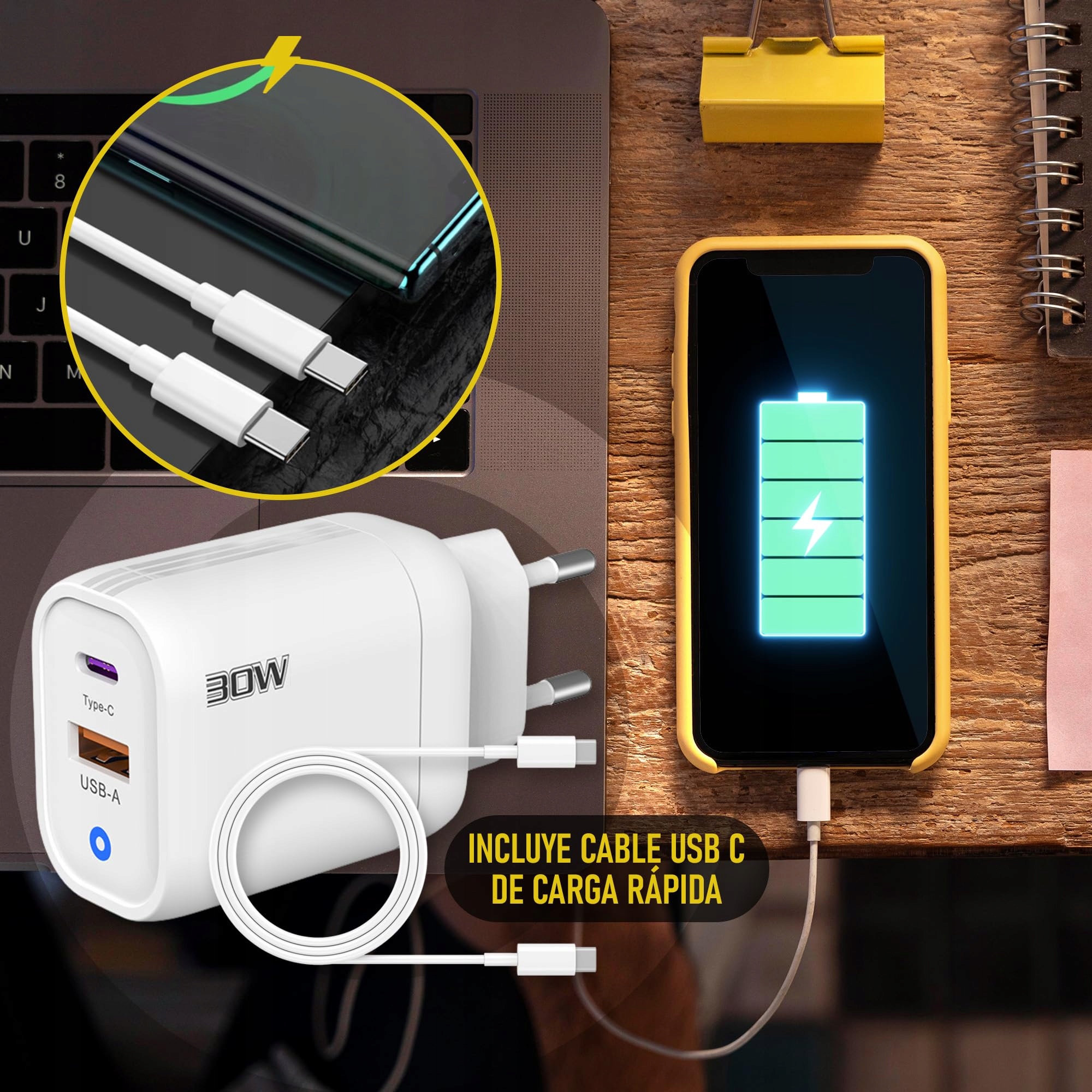 3-STARS Ładowarka USB 30W 2 Porty USBC USBA Szybkie Ładowanie QC 30 Kabel — miniatura 5