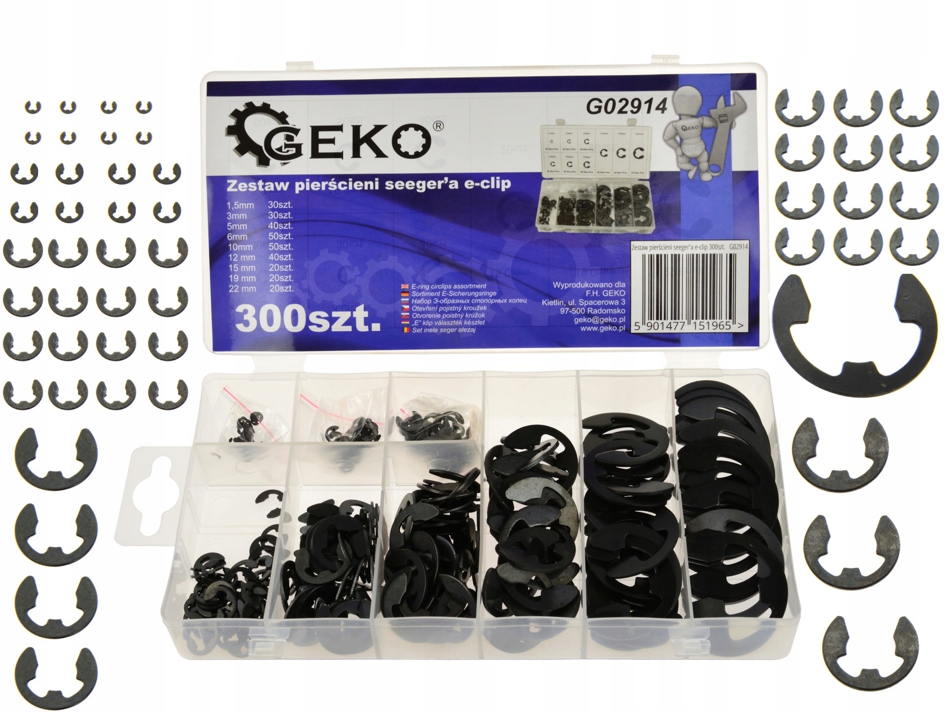 ZESTAW PIERŚCIENI SEGERA E-CLIP SEEGERA 300SZT MIX 9 ROZMIARÓW + ORGANIZER