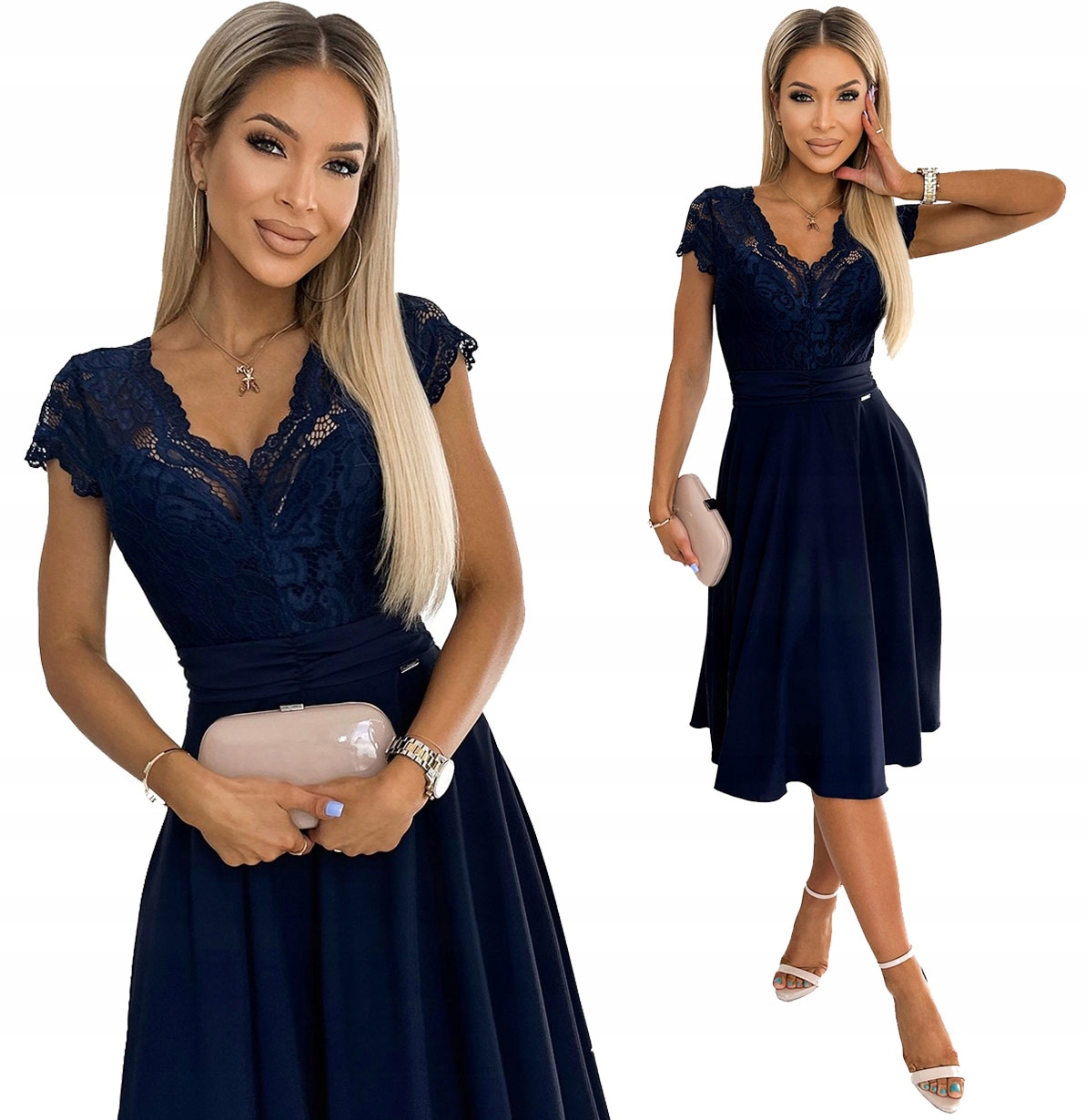 Exkluzivní Šaty S Krátkým Rukávem, Krajkový Výstřih, Modrá Barva, Velikost XL